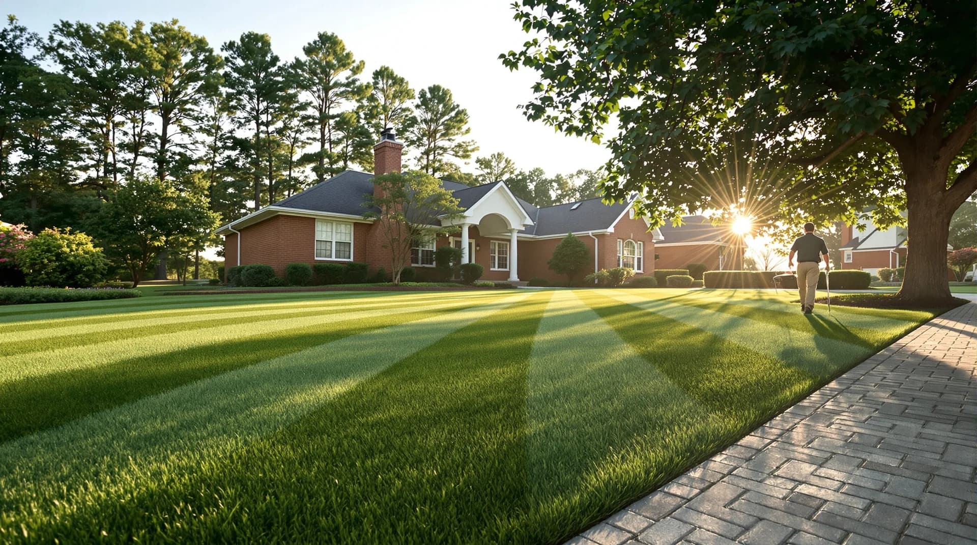 Half-acre Lexington brick ranch lawn at golden hour with crisp mow stripes
